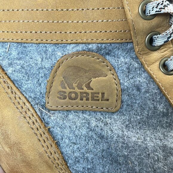 Sorel Lexie Wedge Tan Leather Gray Felt Women’s Sz 10 Lace Up Hidden Wedge Boots - Picture 11 of 11